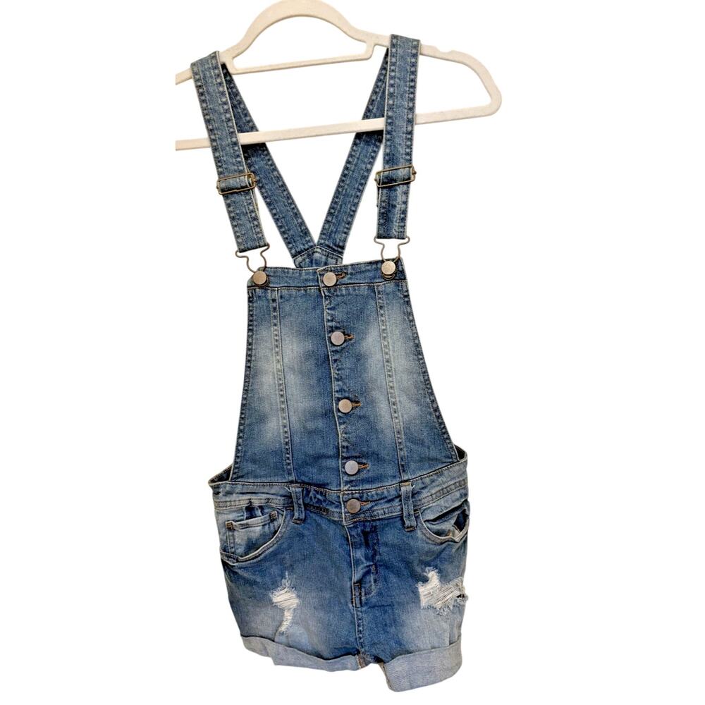 Love Fire overall shorts womens small denim jeans shortalls distressed